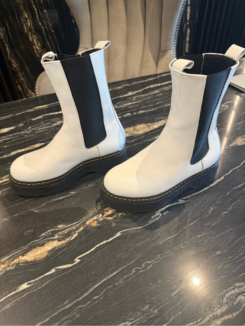 White Leather Chelsea Platform Booties with Black Elastic Panels